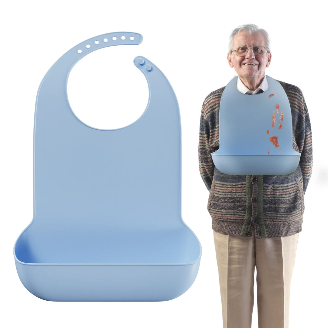Adult Bibs for Elderly - Comfortable and Easy to Clean Silicone Bibs for Adults with Easy to Use Button Closure and Bottom Crumb/Liquid Catcher, Dishwasher Safe