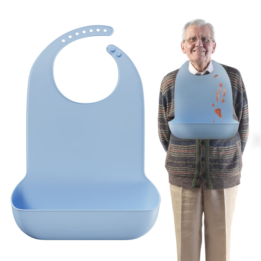 Adult Bibs for Elderly - Comfortable and Easy to Clean Silicone Bibs for Adults with Easy to Use Button Closure and Bottom Crumb/Liquid Catcher, Dishwasher Safe