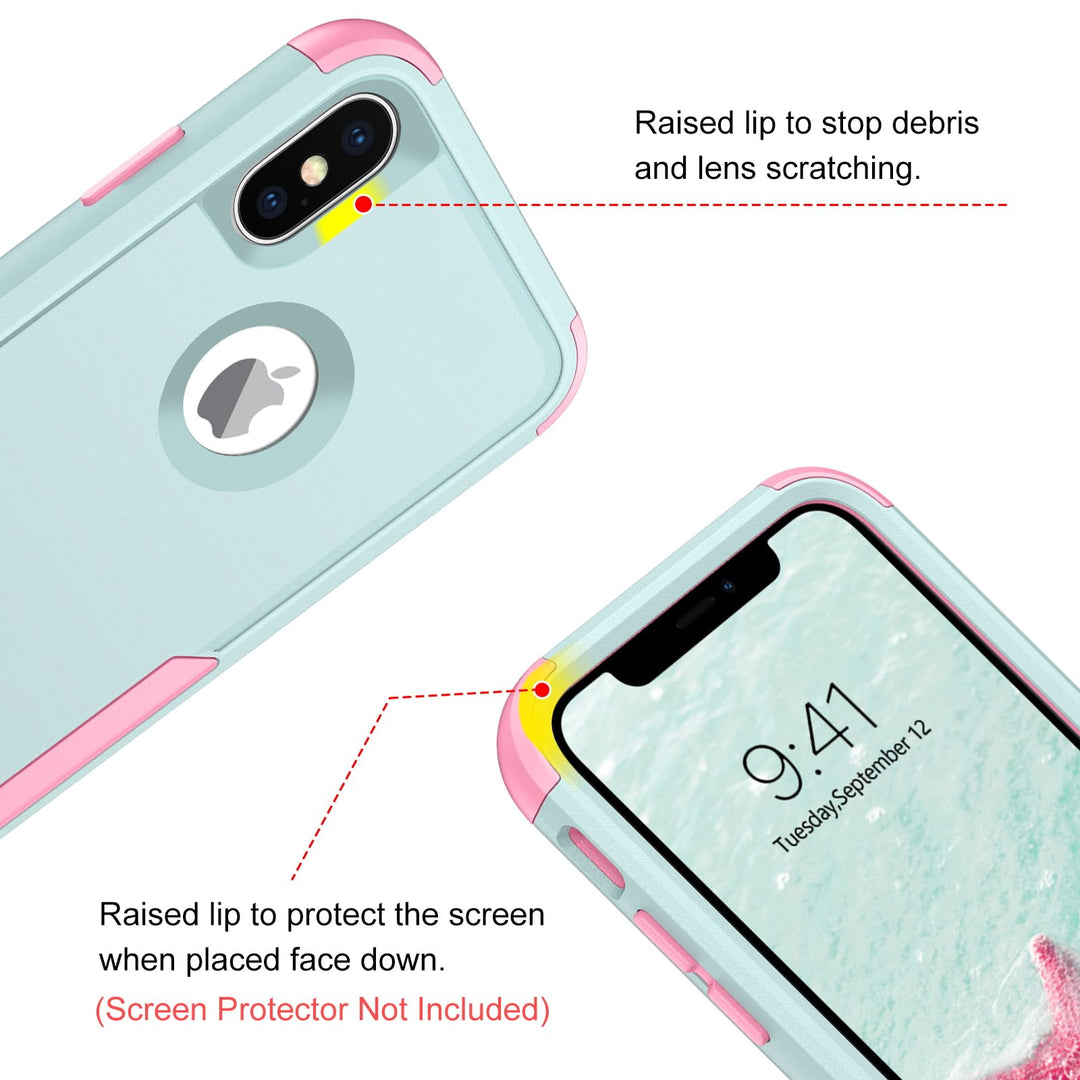 for iPhone X Case, iPhone Xs Case, 3 in 1 Heavy Duty Rugged Hybrid Hard PC Soft TPU Bumper Shockproof Non-Slip Protective Cases Cover for iPhone X (2017) / iPhone Xs (2018) 5.8, Green/Pink