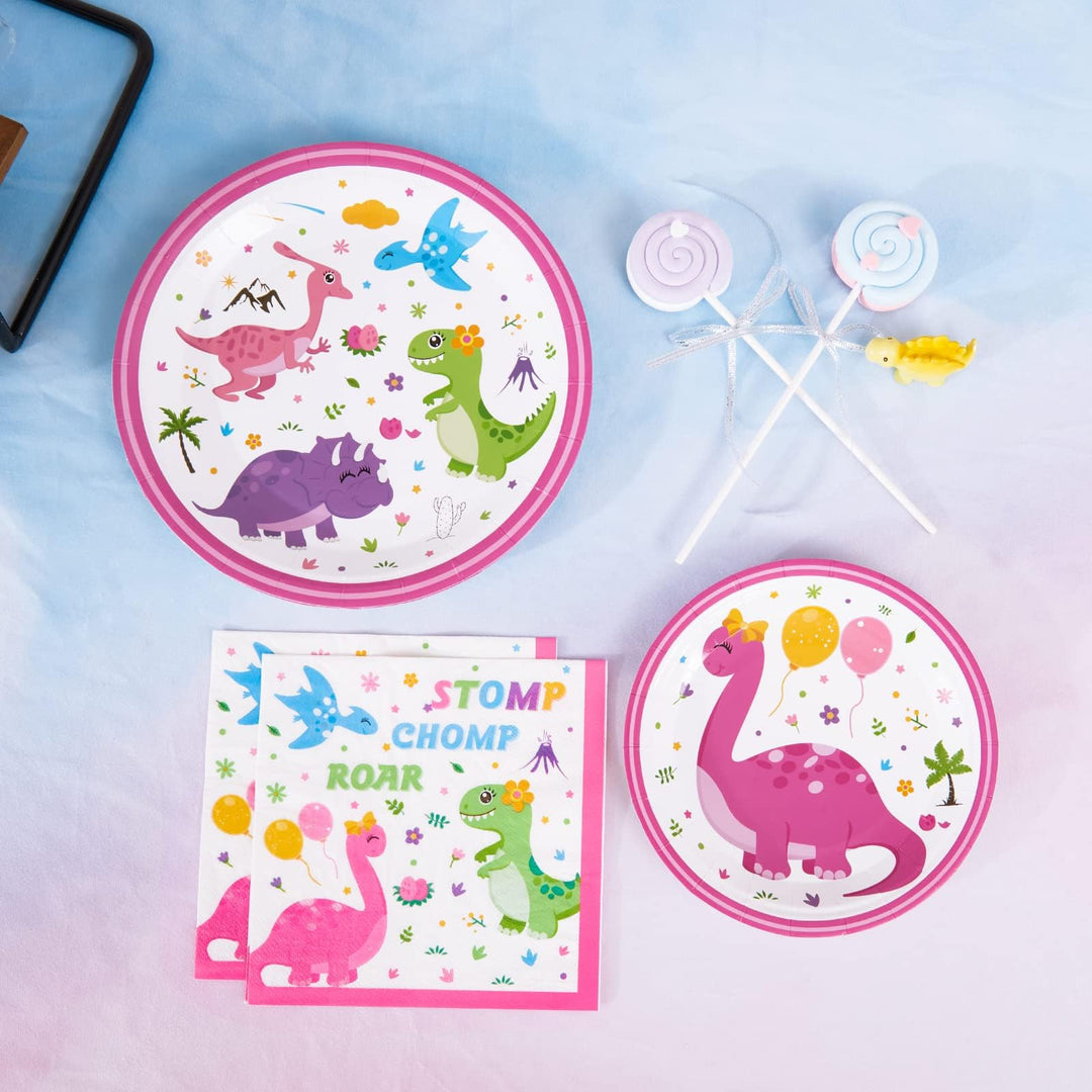 Disposable Dinosaur Plates and Napkins - Dino Party Supplies for Girls Luncheon Dinner Dessert Cake Plates Baby Shower Birthday Party Tableware Kit 48PCS Serves 16 Guests