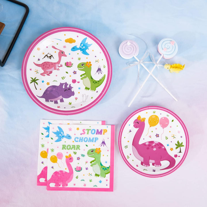 Disposable Dinosaur Plates and Napkins - Dino Party Supplies for Girls Luncheon Dinner Dessert Cake Plates Baby Shower Birthday Party Tableware Kit 48PCS Serves 16 Guests