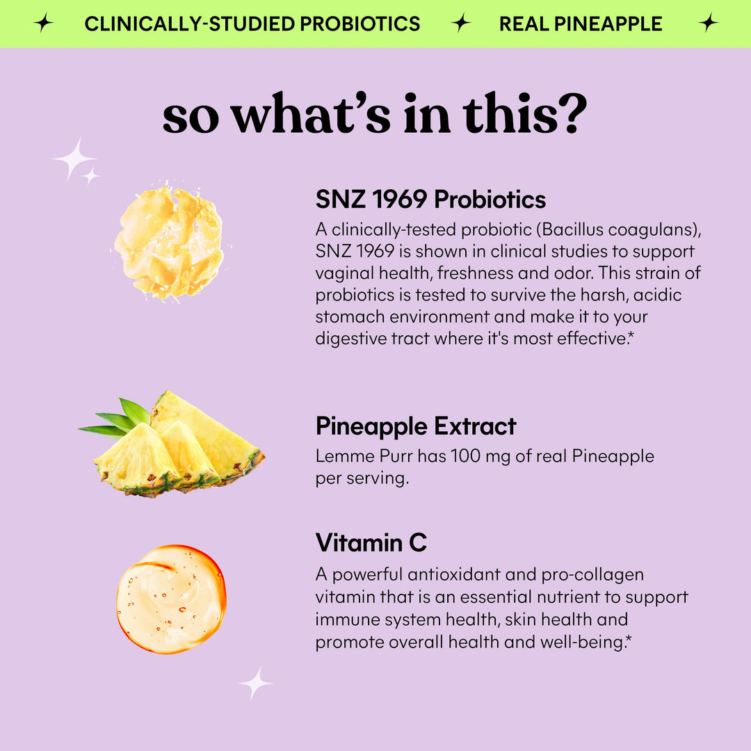 Purr Vaginal Probiotic Gummies for Women - Balanced pH, Healthy Odor, Yeast Balance & Flora Support + Vitamin C for Immune Health - Tasty Pineapple (60 Count)