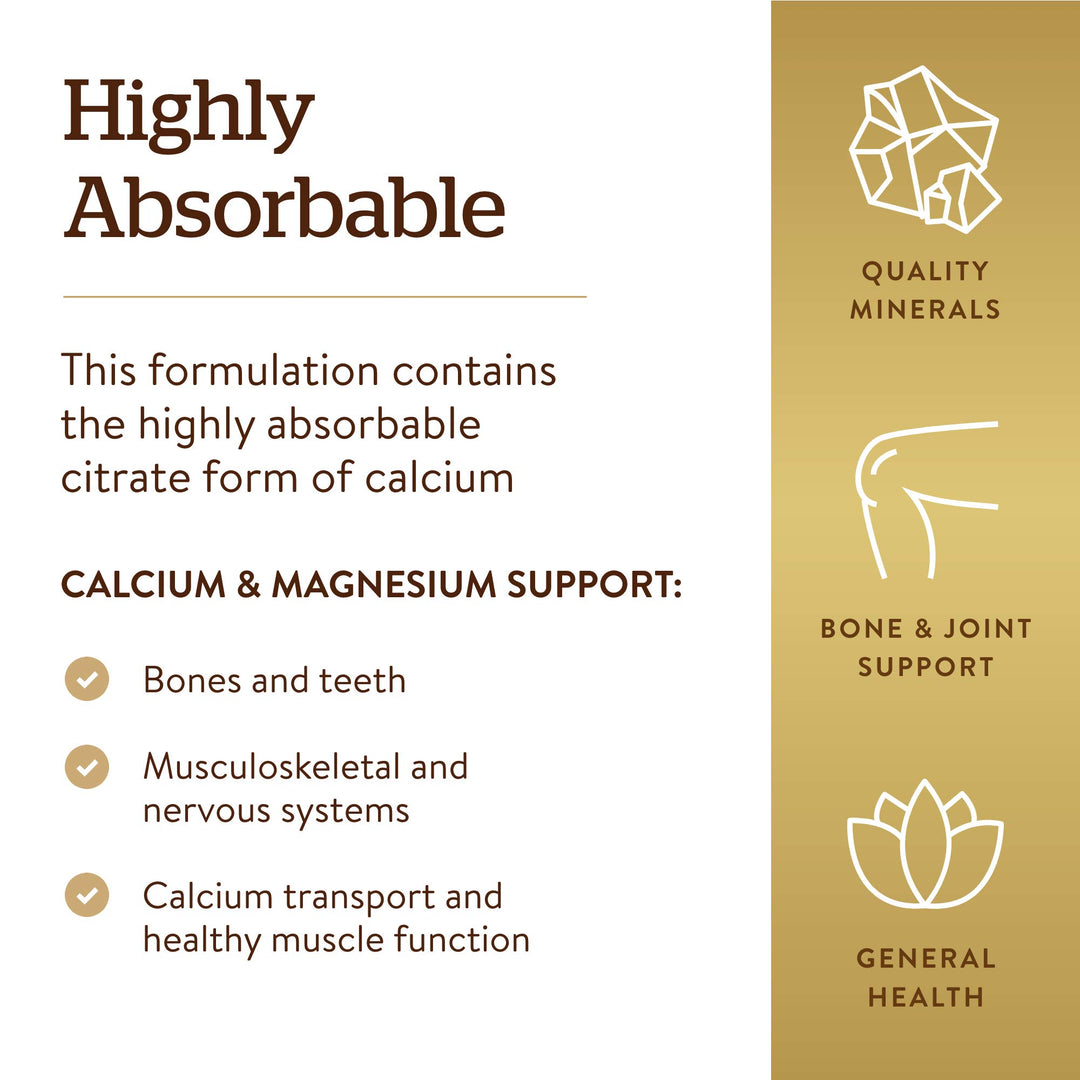 Solgar Calcium Magnesium Citrate, 250 Tablets - Supports Healthy Bones & Teeth - Musculoskeletal & Nervous System Support - Highly Absorbable - Non-GMO, Vegan, Gluten-Free, Dairy Free - 50 Servings