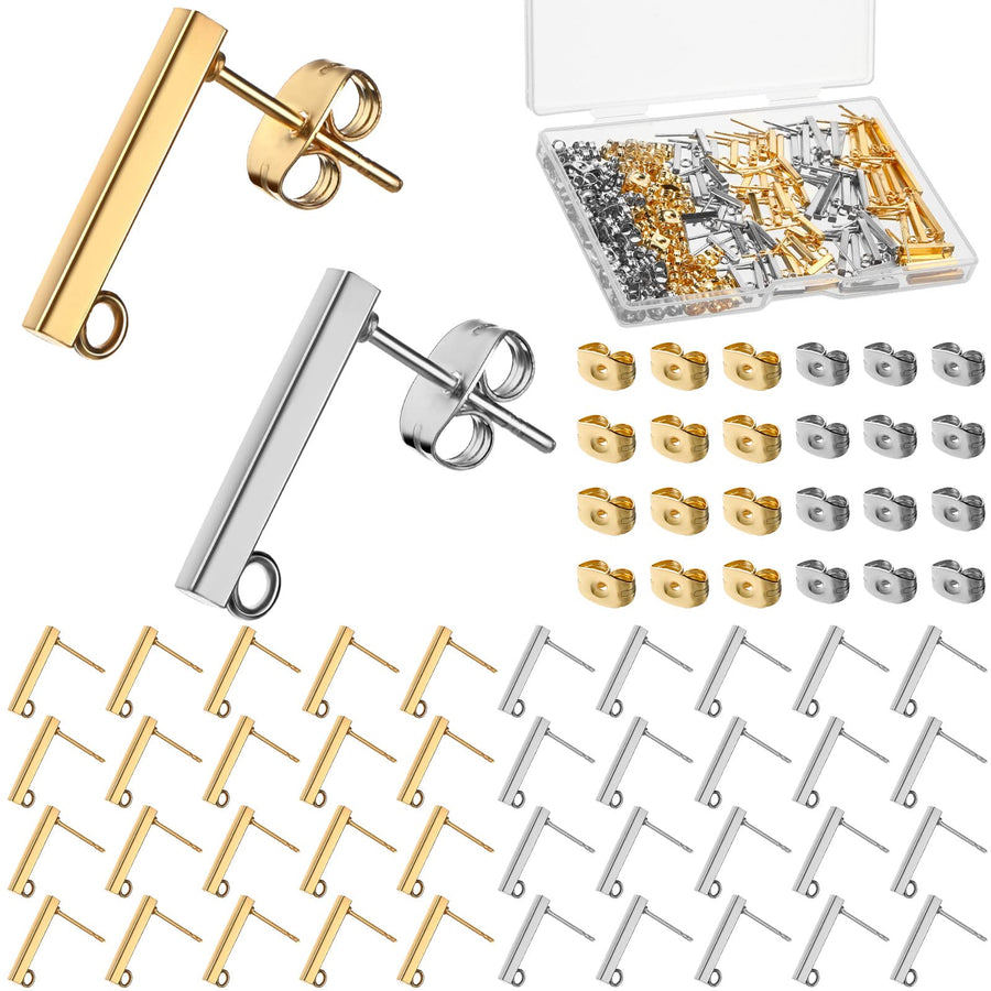 80 Pieces Stainless Steel Earring Posts Stud Earring with Loop Rectangle Earring with 80 Pieces Ear Nut Bar Pierced Post Stud Earrings for DIY Earrings Jewelry Making, 2 Sizes(Silver, Gold)