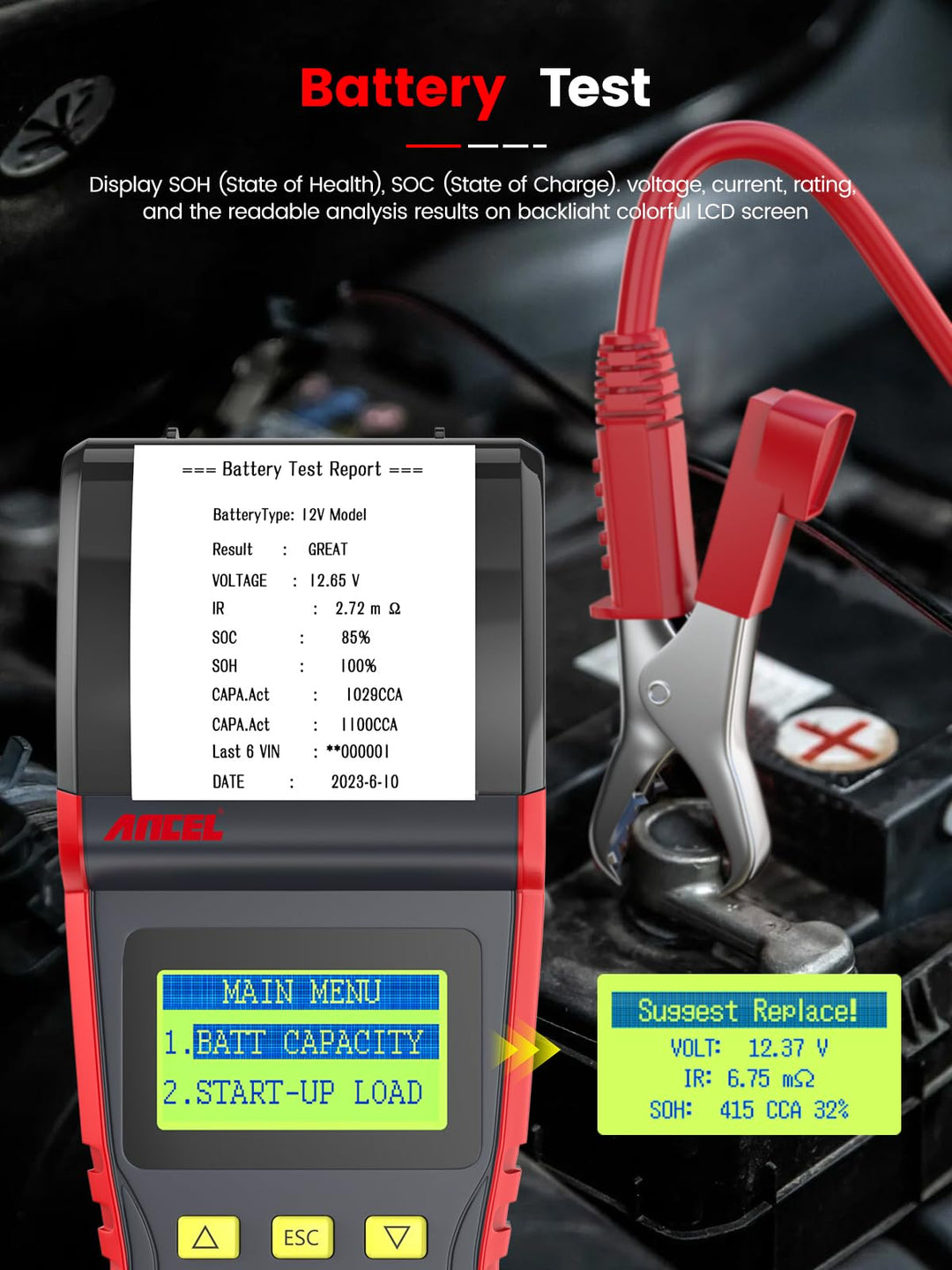 BST500 Battery Tester with Printer, 12V 24V Car Battery Load Tester Automotive, 99% Accuracy Auto Battery Analyzer Tester, Cranking Charging System Test Tool for Car Heavy Duty Truck SUV ATV RV