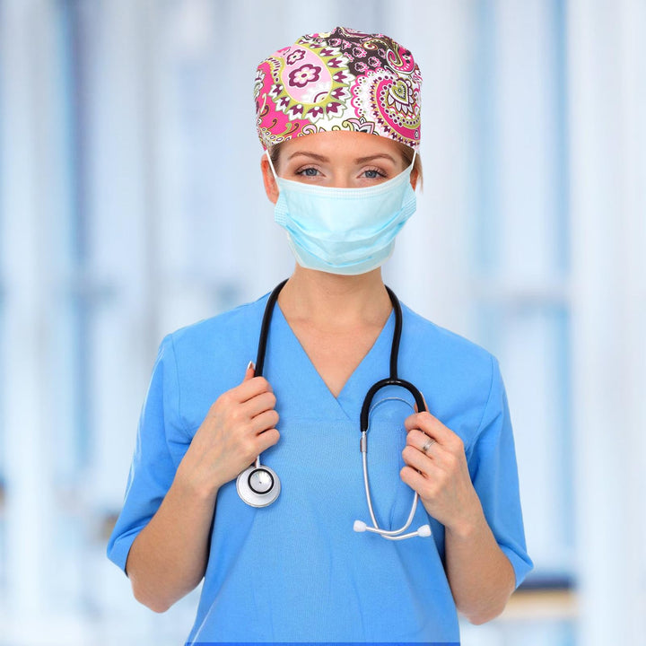 4Pcs Scrub Caps Tie Back Nurse Surgical Hats Men and Women Adjustable Doctor Working Cap with Buttons and Sweatband