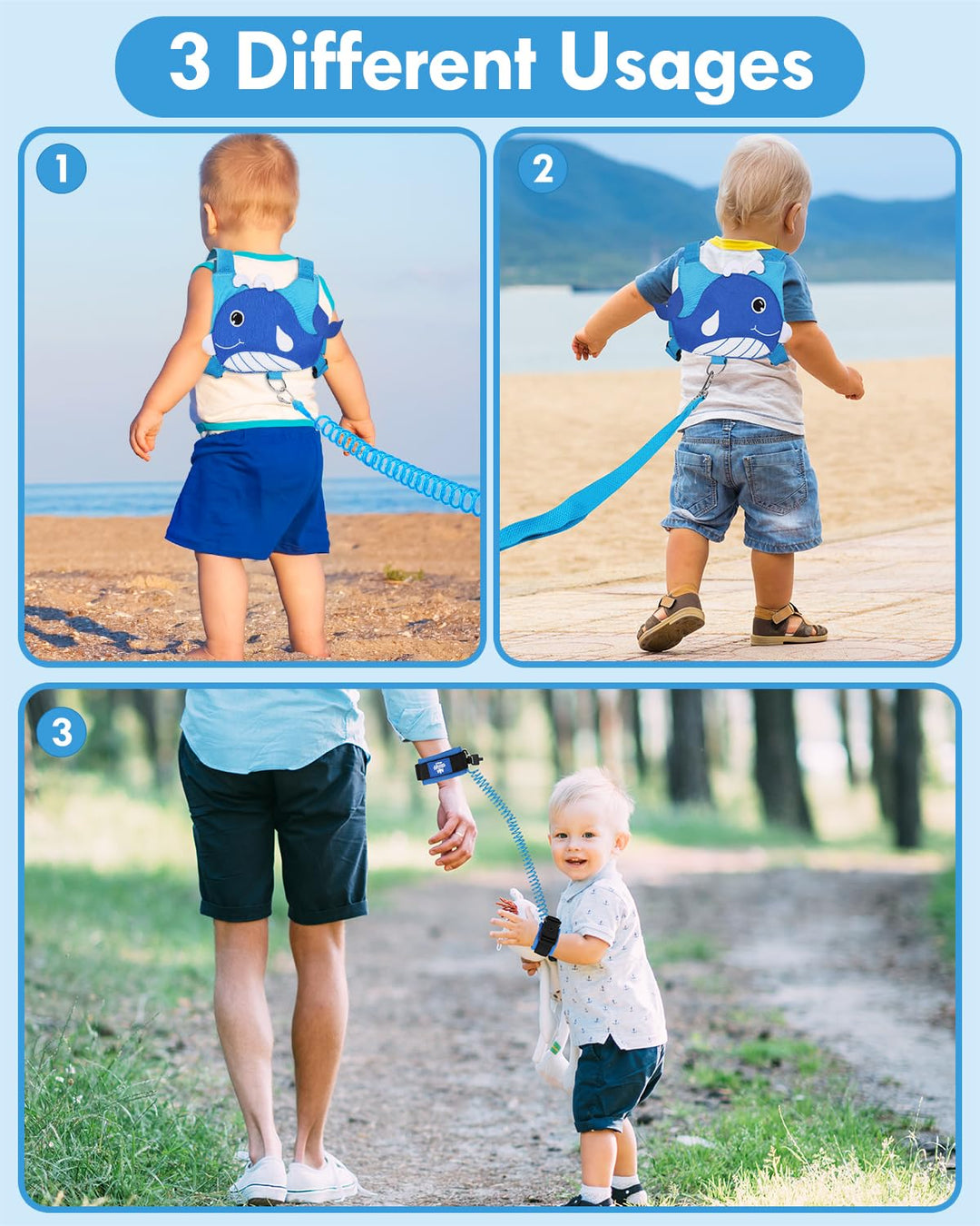 Toddler Leash for Walking, Baby Leashes for Toddlers 3-in-1, Kid Harness with Leash, Child Safety Leash Anti Lost Wrist Link (Whale)