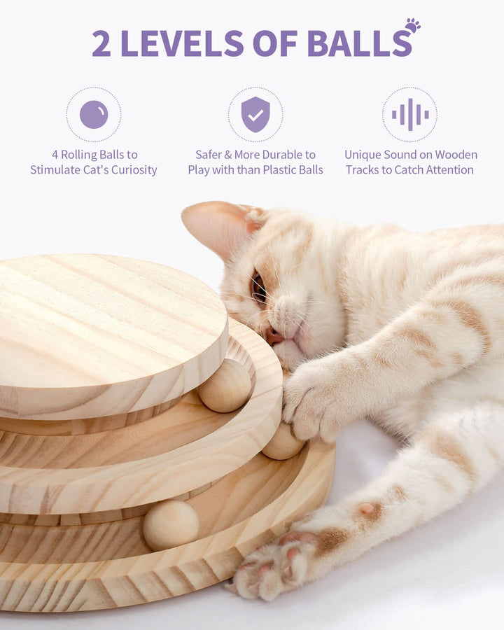 Made4Pets Cat Scratching Post Cat Scratcher Kitten Toys for Indoor Cats Wooden Ball Track Two-Layer Modern Sisal 17.7 Tall Scratch Post Interactive Toy with Dangling Ball