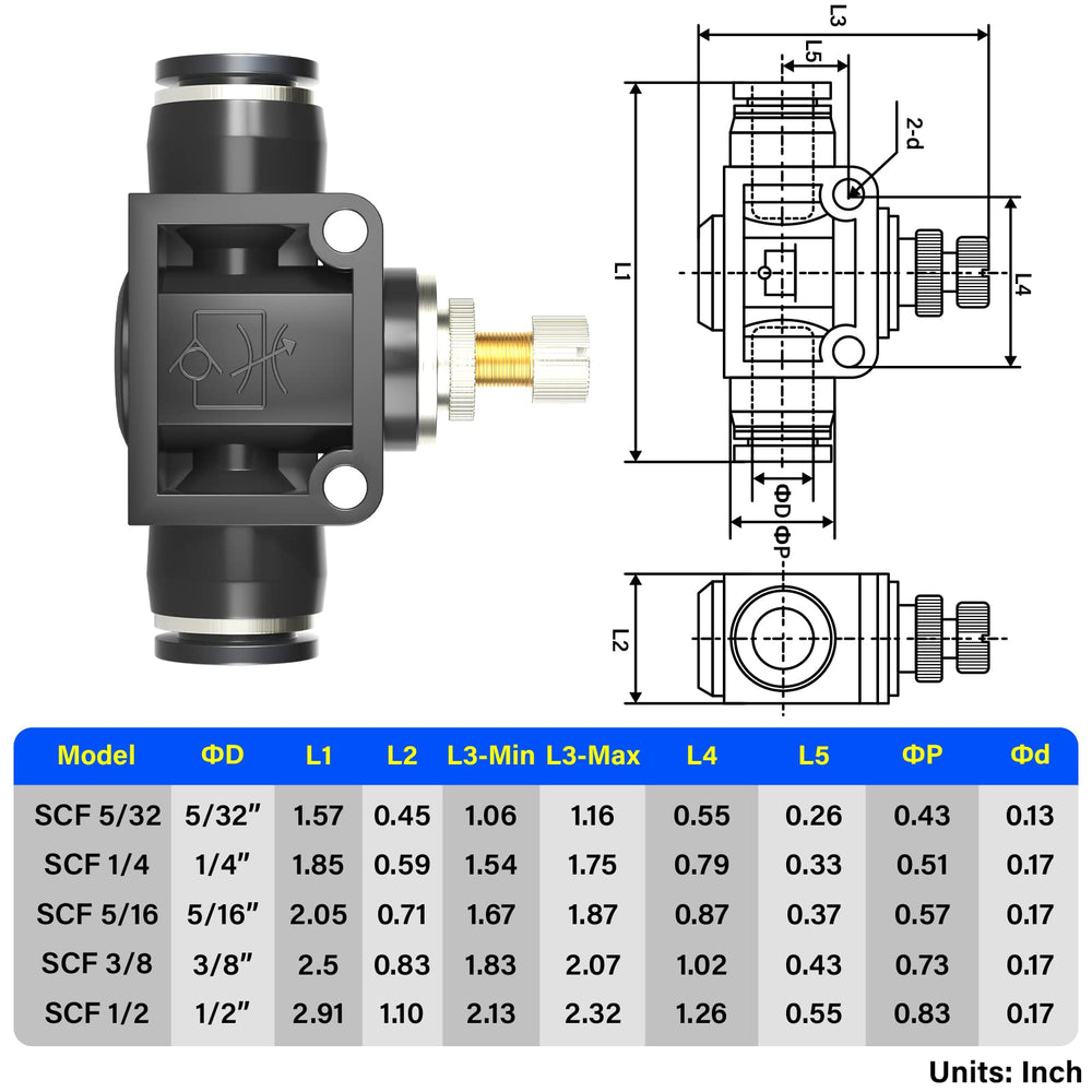 12mm Tube OD Air Flow Control Valve with Push-to-Connect Fitting, in-Line Speed Controller Union Straight SCF-12 (Pack of 5)