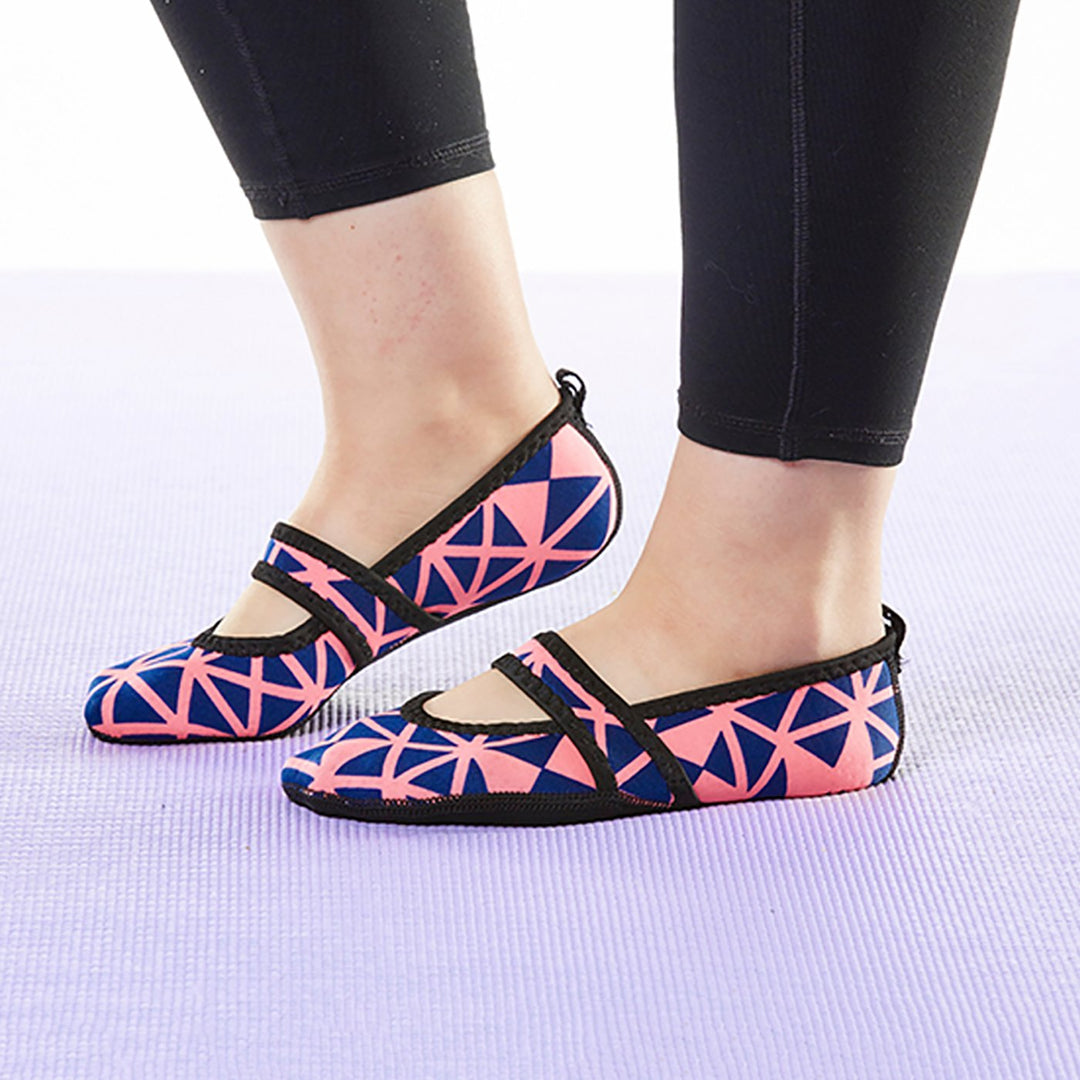 Betsy Lou Women's Shoes, Best Foldable & Flexible Flats, Travel & Exercise Shoes, Dance Shoes, Yoga Socks, Indoor Shoes, Slippers, Blue with Pink Abstract Lines, Large
