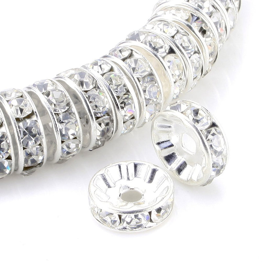100Pcs Rondelle Spacer Beads 8mm Silver Plated Czech Crystal Rhinestone for Jewelry Making Loose Beads for Bracelets