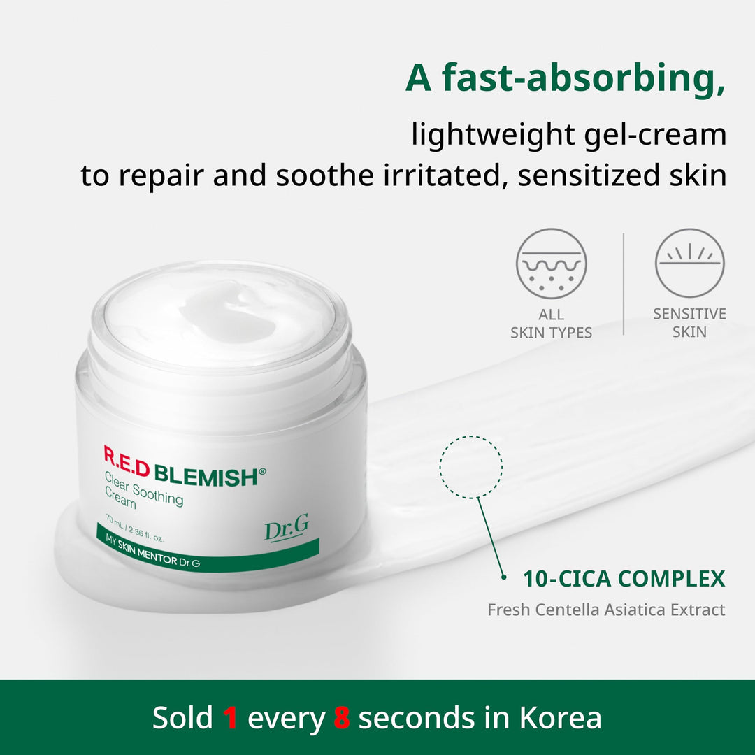 Red Blemish Clear Soothing Cream, 70ml - Moisturizing Recovery Cream for Sensitive Acne-Prone Skin; Cica Soothing Moisturizer, Korean Skin Care, Korean Skincare, Kbeauty, K Beauty, Korean Beauty