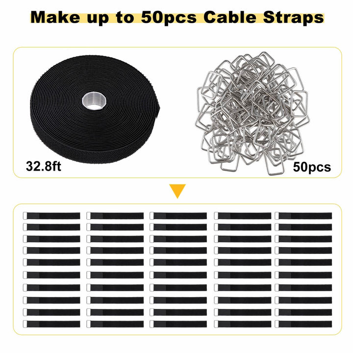 1x32ft Hook and Loop Straps with 50 Metal Buckles, Adjustable Fastening Cable Straps, Cut-to-Length Cinch Strap, Reusable Nylon Securing Cord Ties for Organizer or Storage, 1 inch Wide, Black