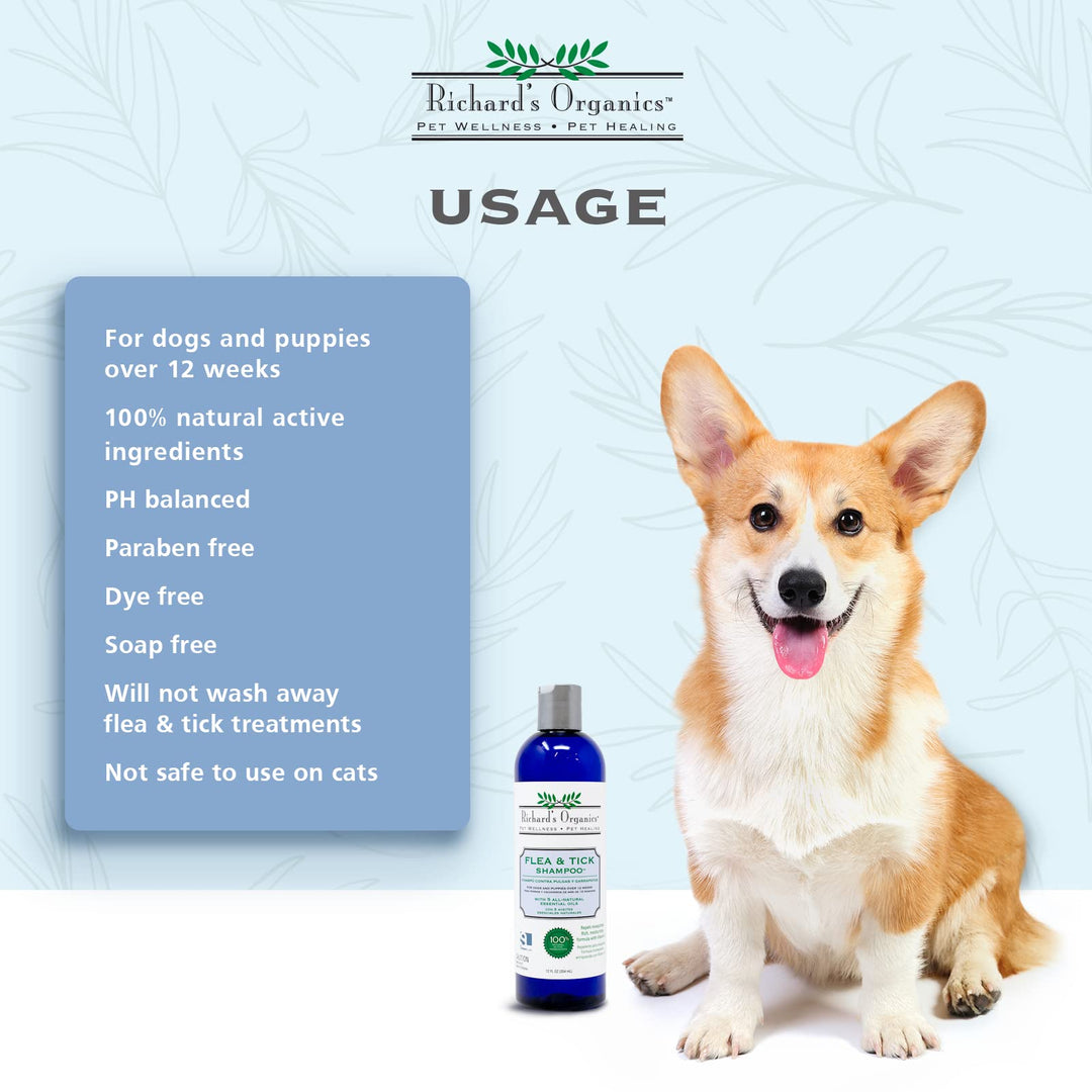 Richard’s Organics Flea and Tick Shampoo for Dogs – 100% All-Natural Actives Kills Fleas, Ticks and Repels Mosquitos – Gentle, Won’t Dry Skin, Great Smelling Essential Oils (12oz bottle),FG00440