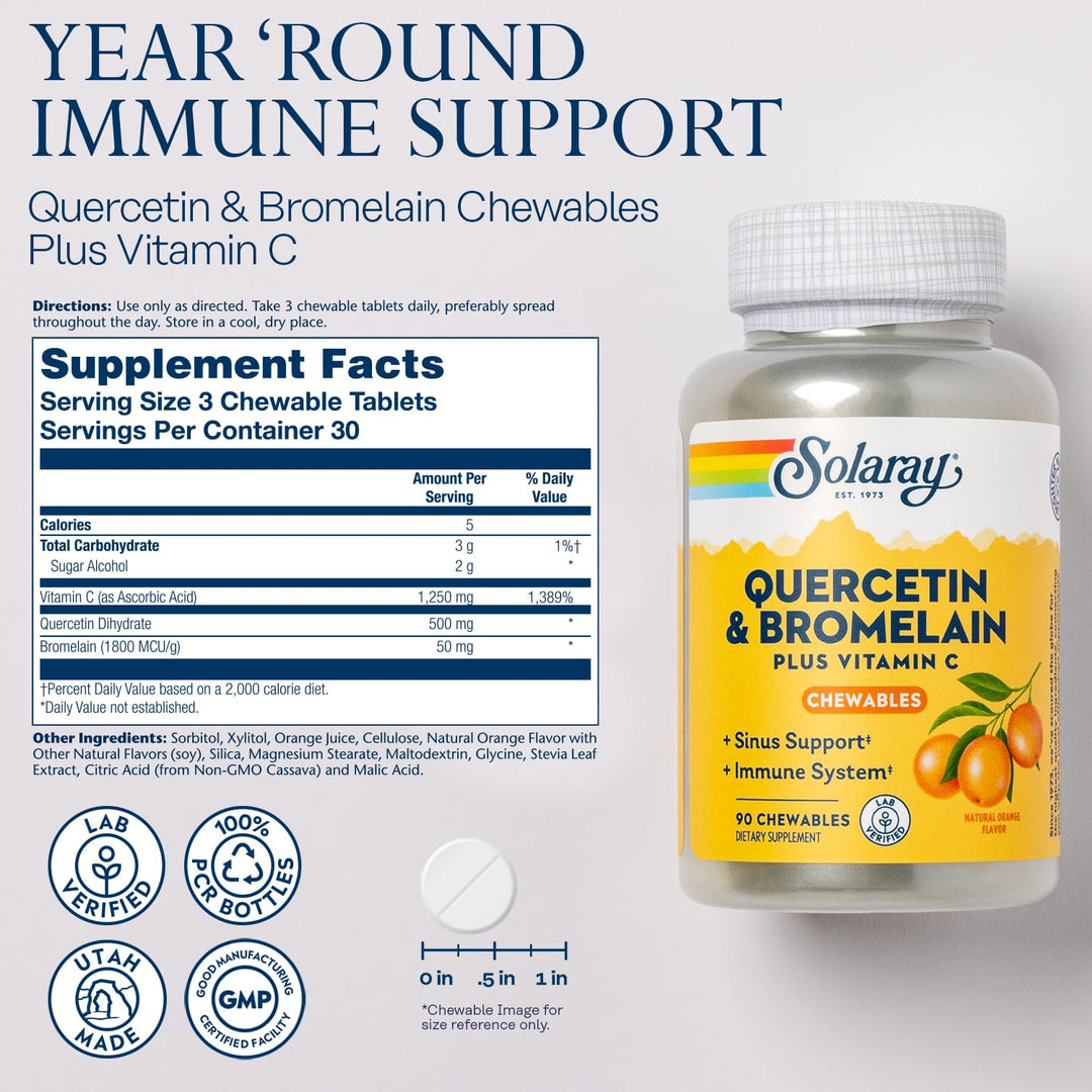 Quercetin with Bromelain and Vitamin C Chewables - Immune Support Supplement - Immune Defense and Heart Health Complex with 1250mg Vit C, Natural Orange Flavor, 60-Day Guarantee, 30 Serv, 90ct