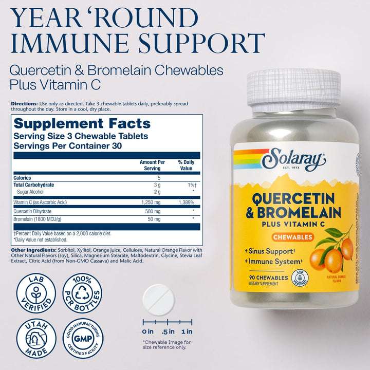 Quercetin with Bromelain and Vitamin C Chewables - Immune Support Supplement - Immune Defense and Heart Health Complex with 1250mg Vit C, Natural Orange Flavor, 60-Day Guarantee, 30 Serv, 90ct
