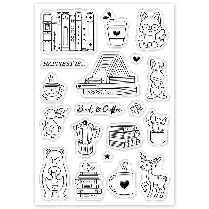 Animals and Books Silicone Clear Stamps with Coffee Cups Shape for Card Making DIY Scrapbooking Photo Album Decoration Paper Craft,6.3x4.3 Inches