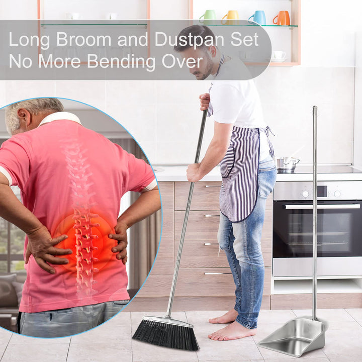 Broom and Dustpan Set for Home, Stainless Steel Broom and Dustpan Set with Long Handle, Heavy Duty Dustpan Broom Set Standing Dust Pan Kitchen and Home Indoor Outdoor Broom