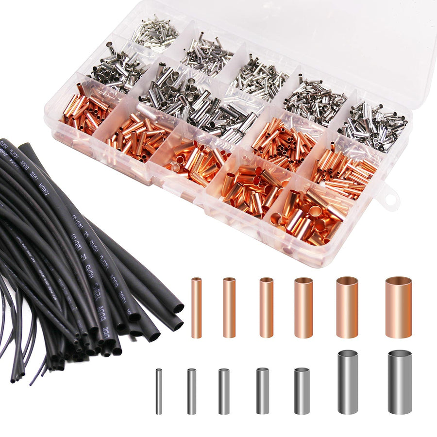 970Pcs Wire Ferrules Kit Tinned Copper Crimp Connector Non Insulated Electrical Cable Pin Cord End Terminal Assortment Kit with 48Pcs Heat Shrink Tubing