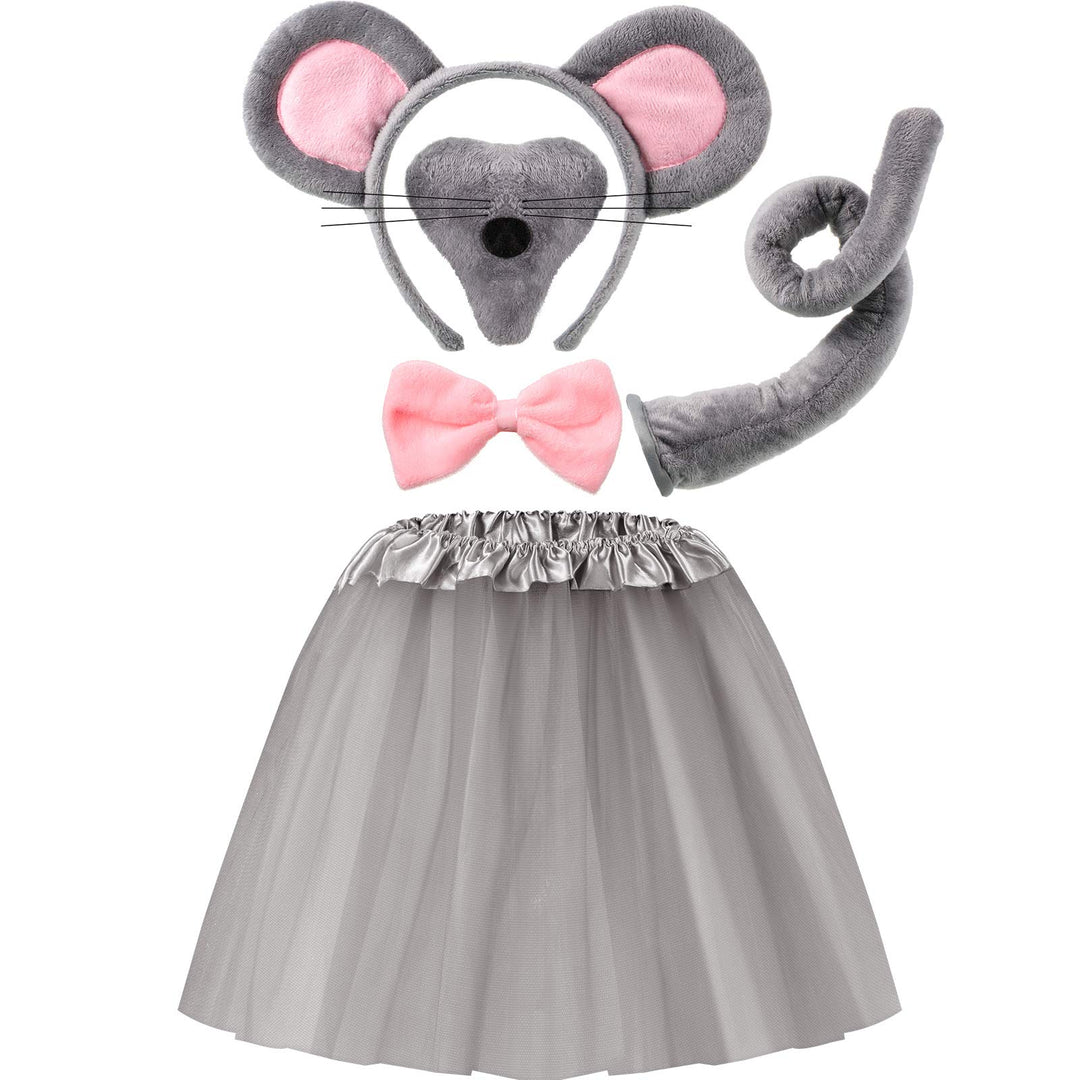 Kids Mouse Costume Set Mouse Tutu Skirt Animal Ears Nose Bow Tie Tail Tutu Skirt Fancy Costume Accessories Halloween(Gray)