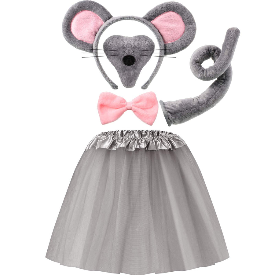 Kids Mouse Costume Set Mouse Tutu Skirt Animal Ears Nose Bow Tie Tail Tutu Skirt Fancy Costume Accessories Halloween(Gray)