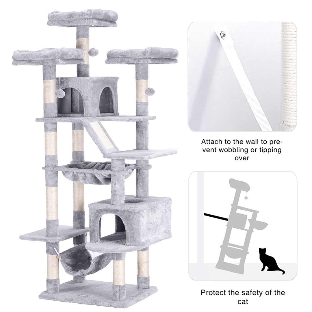 Cat Tree, 73 inches Tall Cat Tower for Large Cats 20 lbs Heavy Duty for Indoor Cats,Big Cat Furniture Condo for with Padded Plush Perch, Cozy Basket and Scratching Posts Light Gray HCT030W