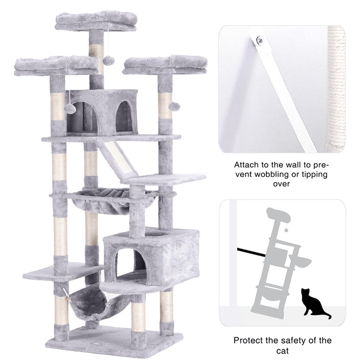 Cat Tree, 73 inches Tall Cat Tower for Large Cats 20 lbs Heavy Duty for Indoor Cats,Big Cat Furniture Condo for with Padded Plush Perch, Cozy Basket and Scratching Posts Light Gray HCT030W
