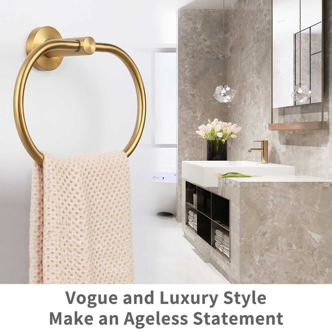 Towel Ring Brushed Gold, SUS 304 Stainless Steel Modern Towel Holder, Bathroom Hand Towel Rack Wall Mounted
