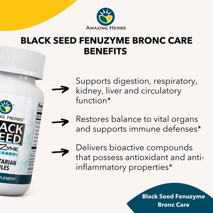 Black Seed Fenuzume Bronc-Care, Vegetarian Capsules - Gluten-Free, Non-GMO, Vegan, Enhances Immune Response, Improves Allergic Conditions & General Well-Being - 60 Count