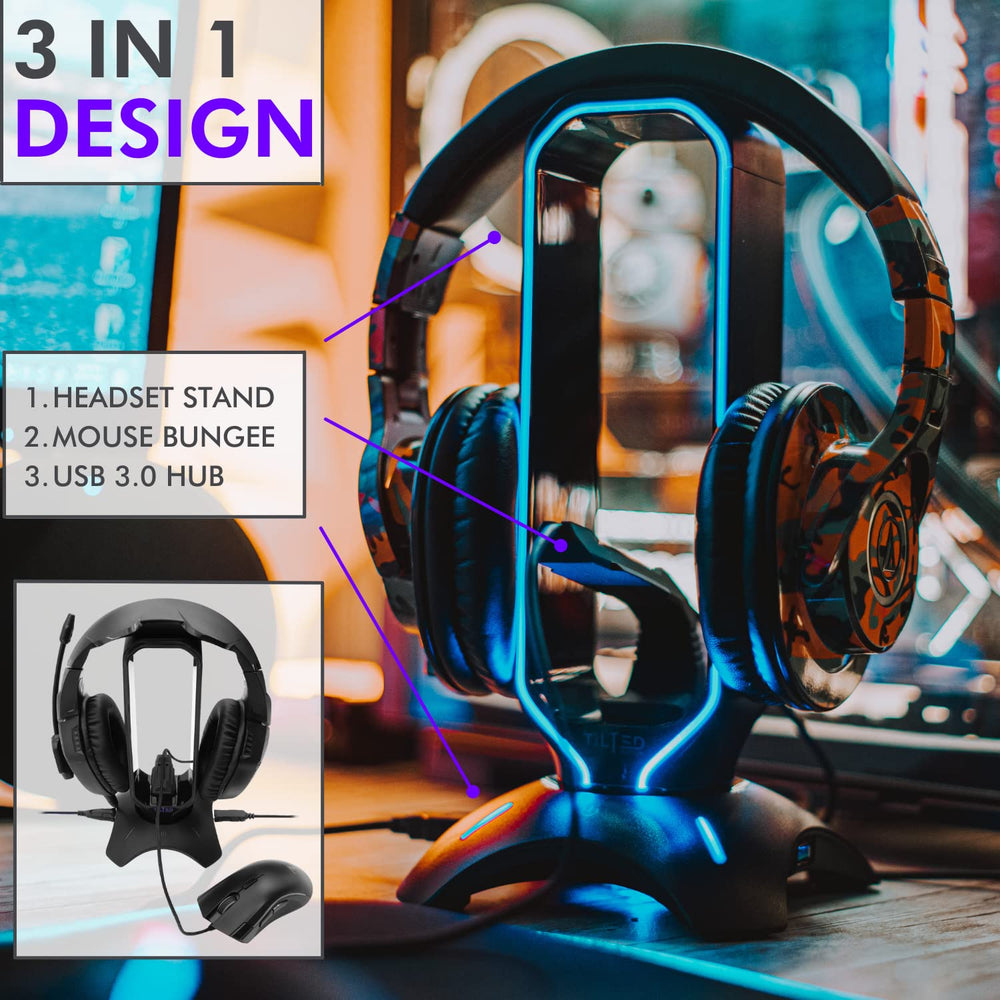 RGB Headset Stand and Gaming Headphone Stand for Desk Display with Mouse Bungee Cord Holder with USB 3.0 Hub for Xbox, PS5, PC - Perfect Gaming Accessories Gift