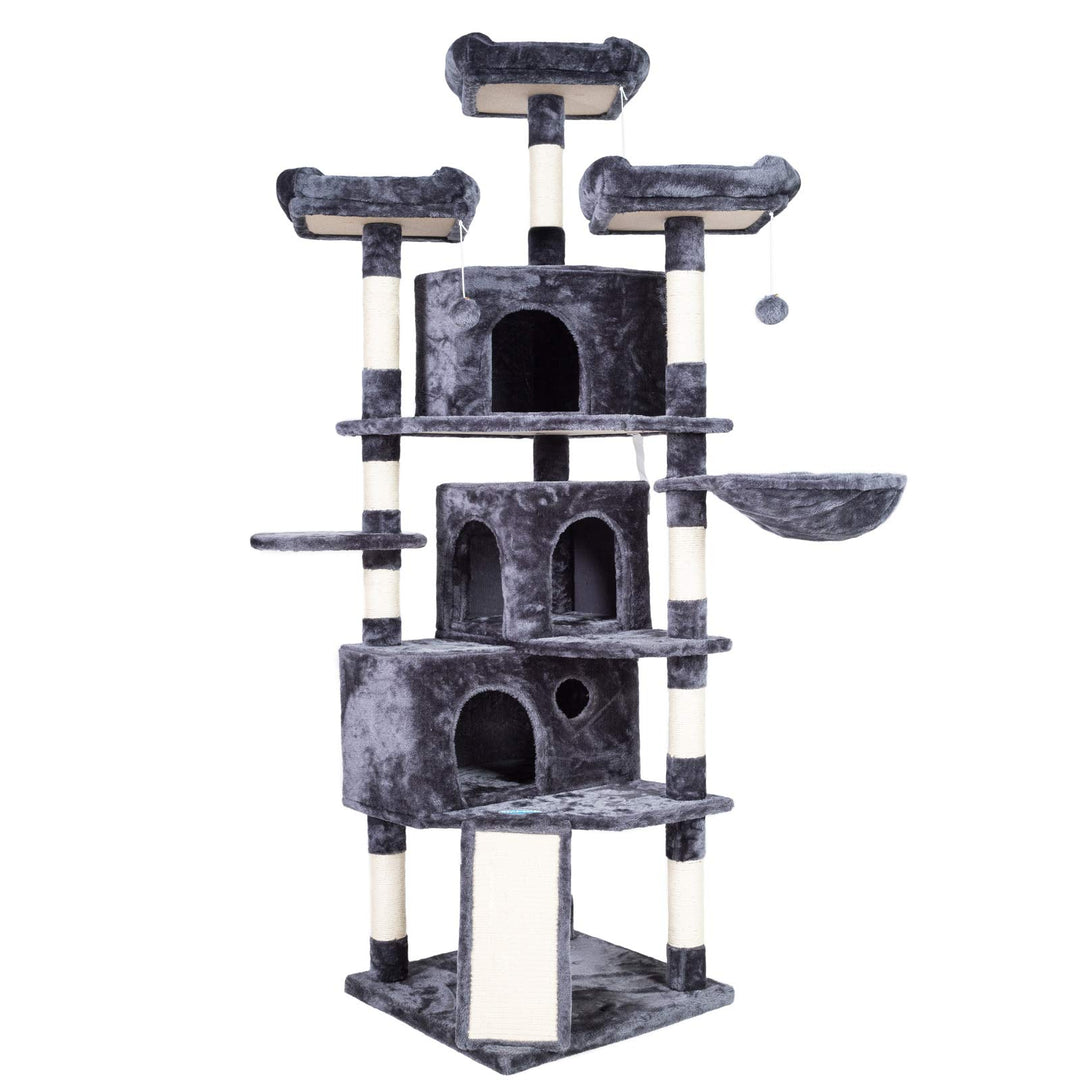 XL Cat Tree, 73.4 inch Cat Tower with 3 Caves, 3 Cozy Perches, Scratching Posts, Board, Activity Center Stable for Kitten/Big Cat, Gray MPJ032G