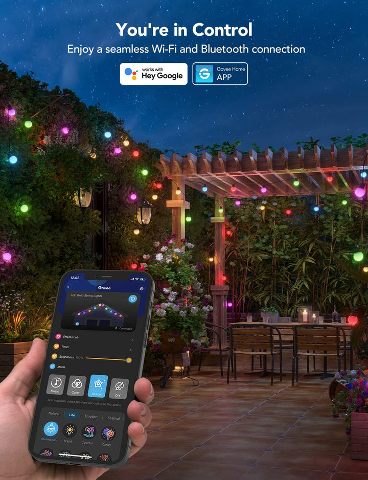 Outdoor String Lights, 50ft G40 RGBIC Warm White String Lights with 25 Dimmable LED Bulbs, IP65 Waterproof Outdoor Lights with App Control for Balcony, Garden, Patio, Party