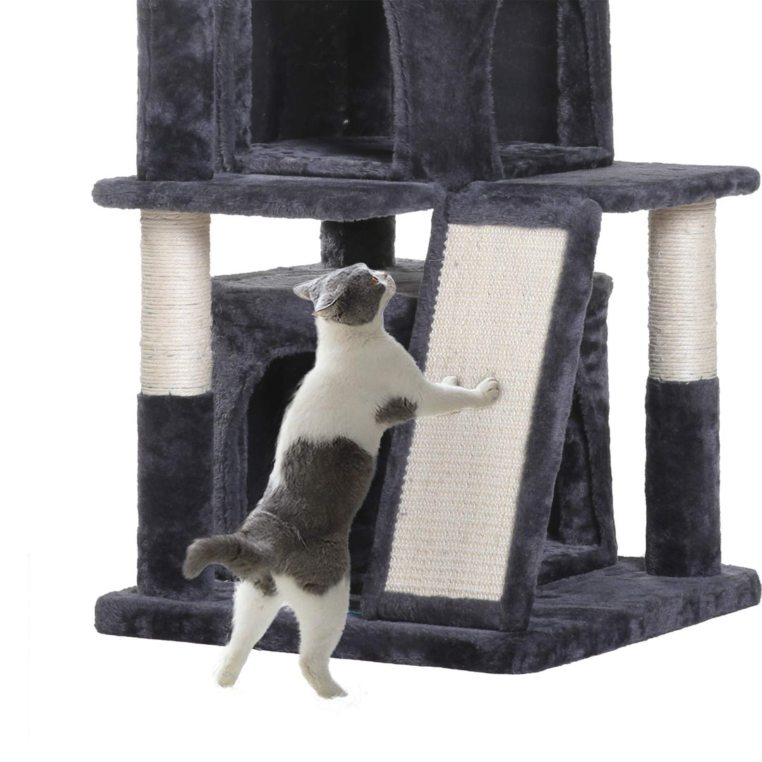 Cat Tree with Scratching Board, 2 Luxury Condos, 41.34 inches Cat Tower with Padded Plush Perch and Cozy Basket, Smoky Gray MPJ004G