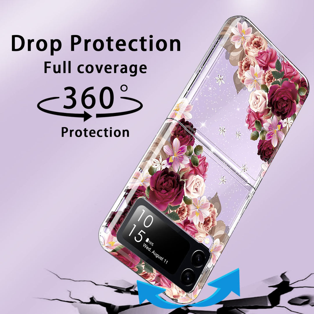 Galaxy Z Flip 3 Case,Glitter Clear Sparkly Bling TPU Built-in Non-Slip Mat Impact Resistant Shockproof Hybrid Full Body Protective Case Cover for Samsung Galaxy Z Flip 3 5G 2021 (Flower)