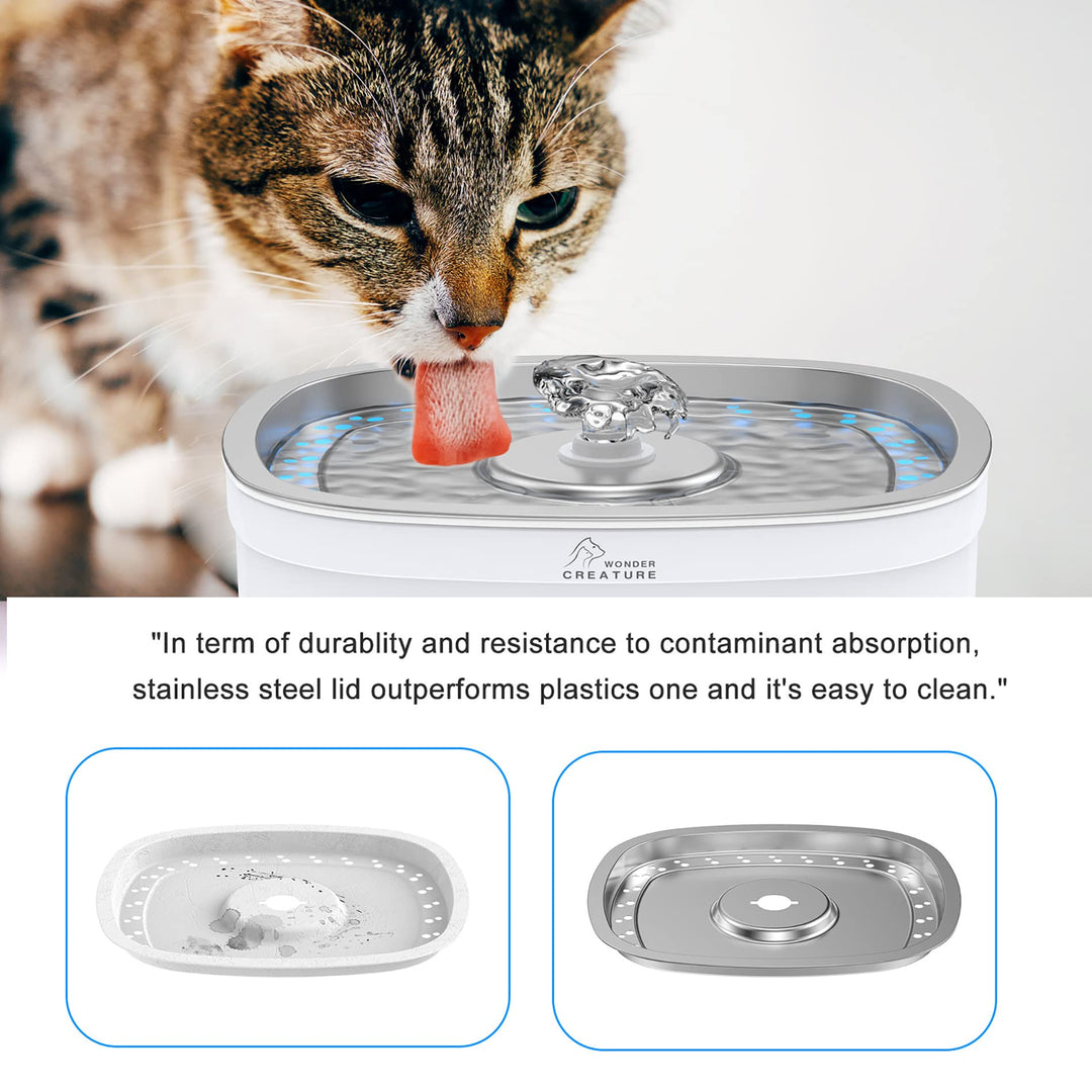 Cat Water Fountain Stainless Steel, 84oz/2.5L Automatic Pet Water Fountain with Water Level Window and LED Light for Water Shortage Alert