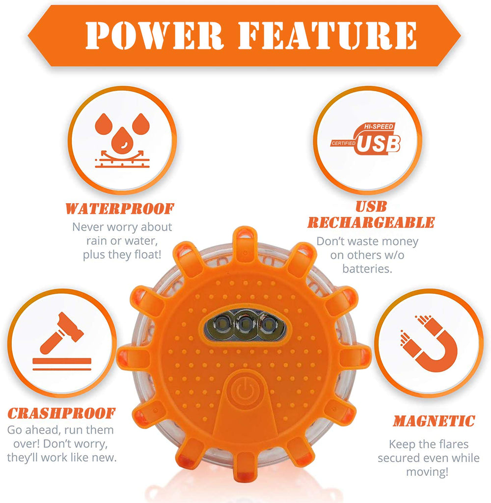 USB Rechargeable LED Road Flares Emergency Lights-Roadside Warning Car Safety Beacon Flashing Disc Flare Kit with Magnetic Base for Vehicles & Boat | 3 Beacon Disc Pack