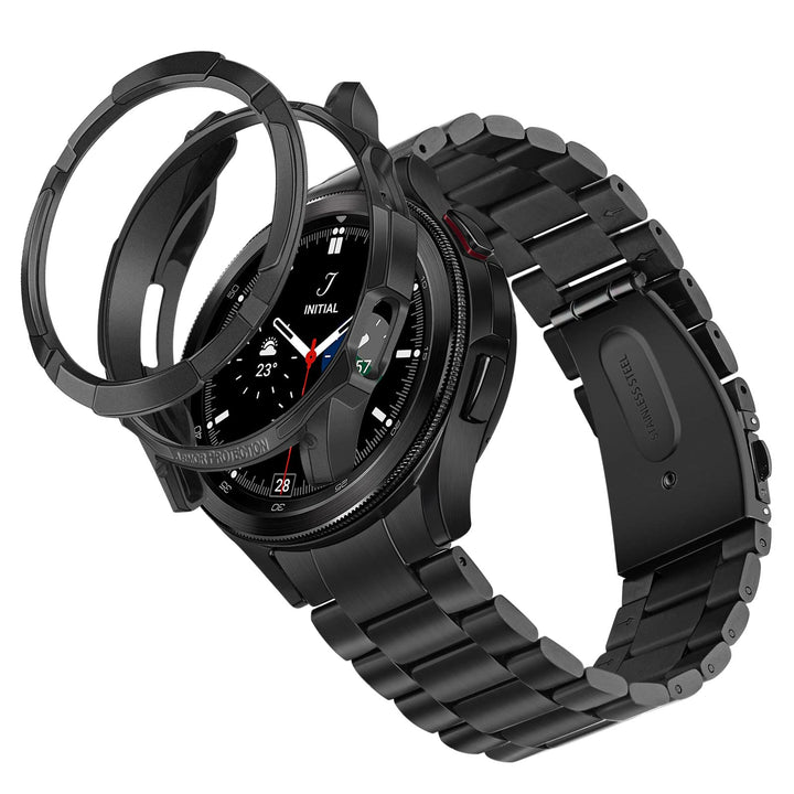 No Gap Band + Protective Case + Bezel for Galaxy Watch 4 Classic 46mm, Solid Stainless Steel Metal Bands Replacement Strap for Samsung Galaxy Watch 5 Pro 45mm