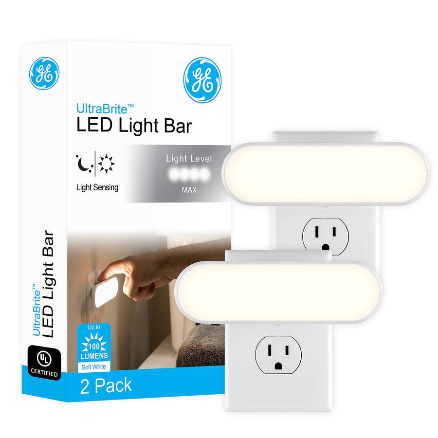Ultrabrite LED Light Bar Night Light, 100 Lumens, 2 Pack, Dusk-to-Dawn Sensor, Auto/On/Off Switch, Plug-in, Ideal for Dark Spaces, Bedroom, Bathroom, Kitchen, Hallway, Garage, White, 46707