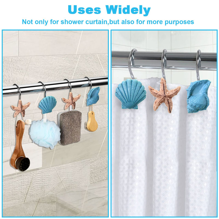 AGPtek® Seashell Shower Curtain Hooks, 12PCS Anti Rust Decorative Resin Hooks for Bathroom, Baby Room, Bedroom, Living Room Decor (Blue Seashell)