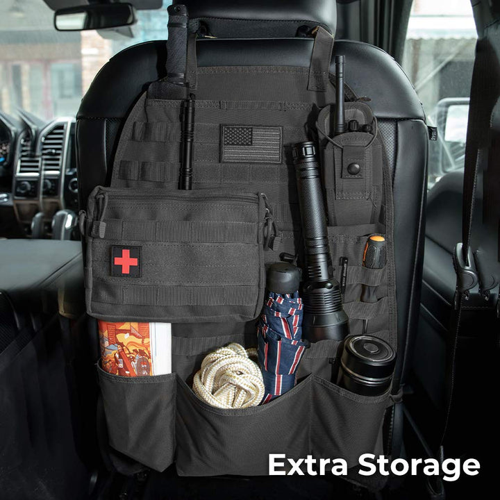 Car Seat Back Organizer, 2 Pack Universal Molle Seat Back Organizer, Tactical Molle Vehicle Panel Car Seat Cover Protector Compatible with Wrangler SUV Truck with 3 Storage Pouch - Black
