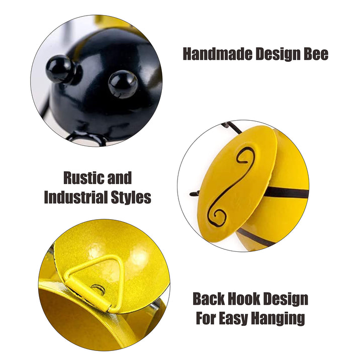Metal Wall Art, 4PCS Metal Bumble Bee Wall Decor, 3D Iron Bee Art Sculpture Hanging Wall Decorations for Outdoor Home Garden
