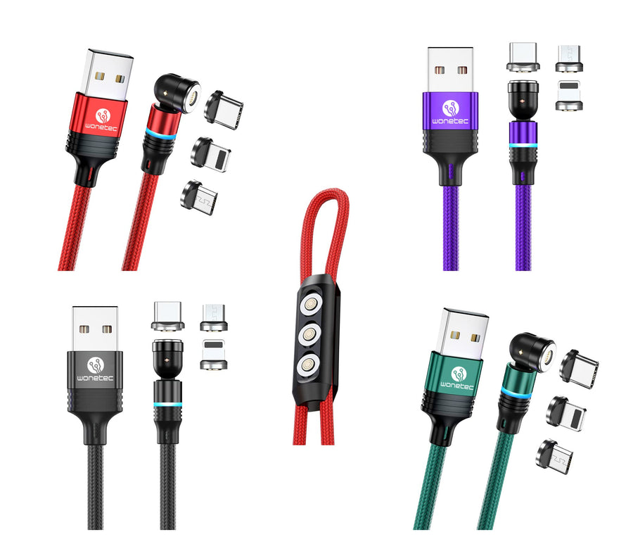 Magnetic 3-in-1 Data/Charging Cable (4-Pack), 540 Degree Rotation with Storage Compartment. Compatible with Type-C, iProducts, Micro-USB, 4 Pack (Red, Purple, Black & Green (All 6 Feet).