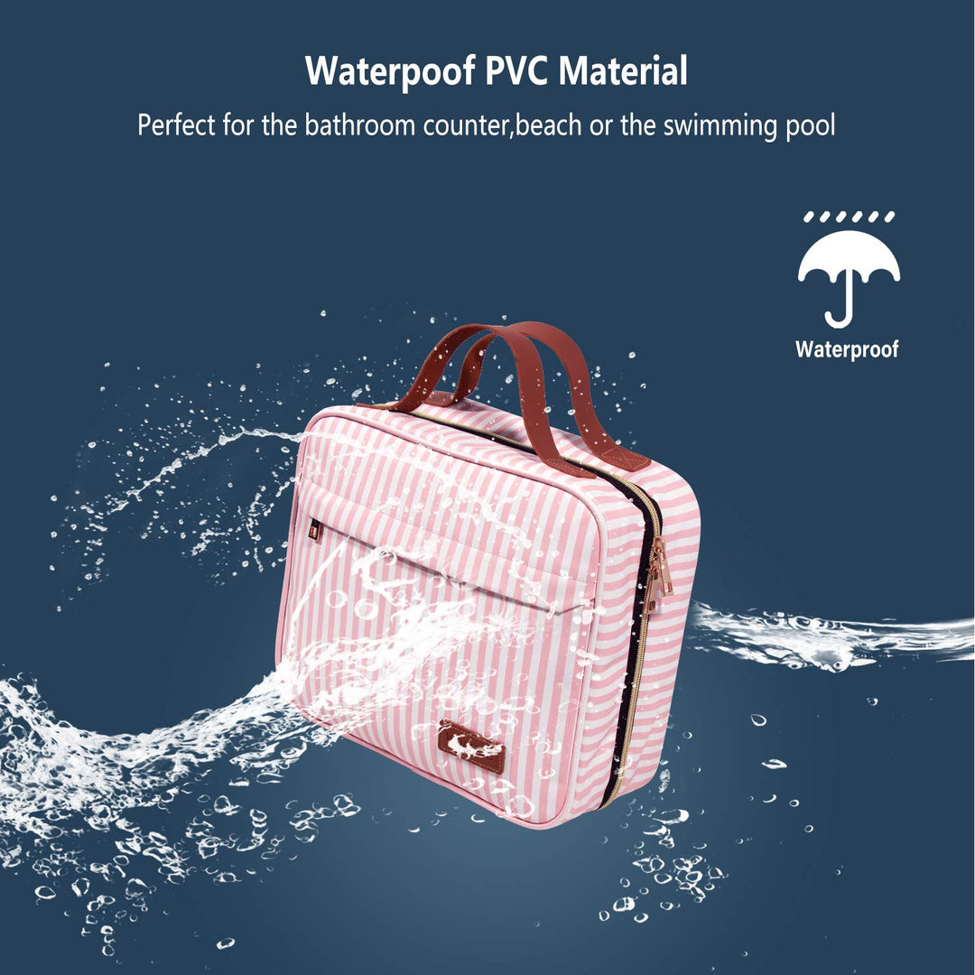 Hanging Travel Toiletry Bag with Hook | Water Proof Zip Bag with 4 Compartments + 2 Outer Zip Pockets | Cosmetic Travel Bag for Toiletries | Travel Essentials for Women & Men (Pink Stripe)