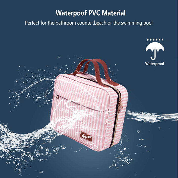 Hanging Travel Toiletry Bag with Hook | Water Proof Zip Bag with 4 Compartments + 2 Outer Zip Pockets | Cosmetic Travel Bag for Toiletries | Travel Essentials for Women & Men (Pink Stripe)