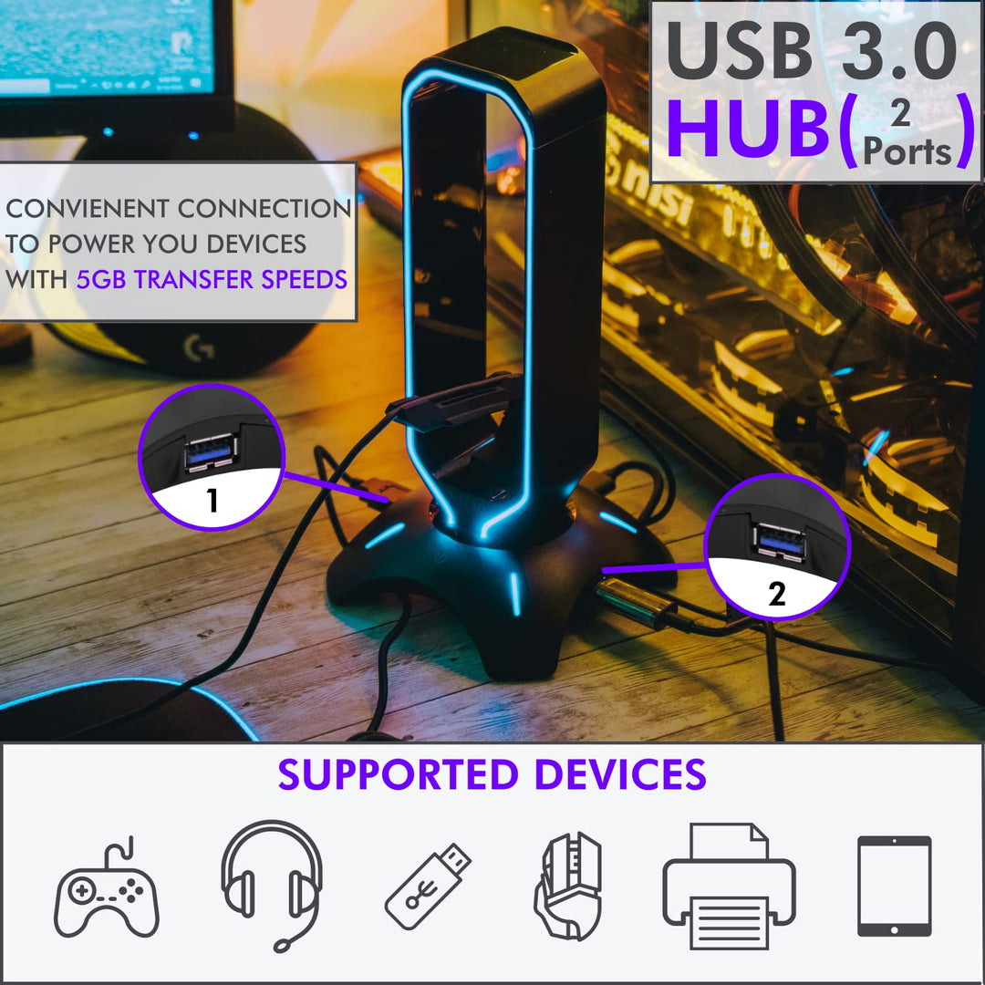 RGB Headset Stand and Gaming Headphone Stand for Desk Display with Mouse Bungee Cord Holder with USB 3.0 Hub for Xbox, PS5, PC - Perfect Gaming Accessories Gift