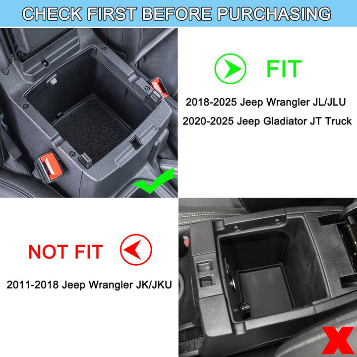 Center Console Organizer Compatible with Jeep Wrangler JL/JLU 2018-2024 2025 & Jeep Gladiator JT Truck 2020-2025 Armrest Tray Storage Interior Accessories (Not for JK/JKU)