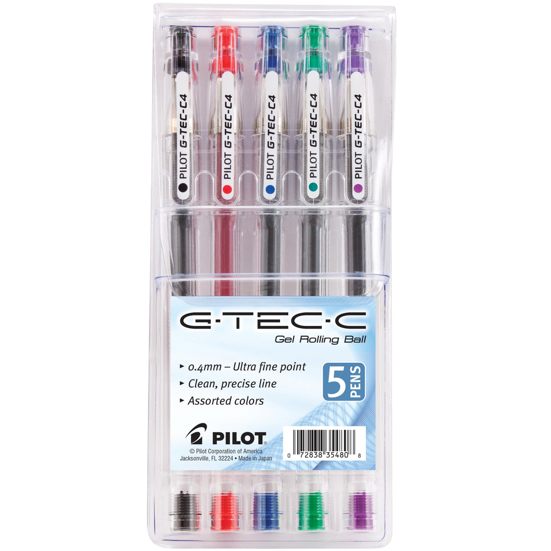 PILOT G-Tec-C Gel Ink Rolling Ball Pens, Ultra Fine Point (0.4mm), Black/Blue/Red/Green/Purple Inks, 5-Pack Pouch (35480)