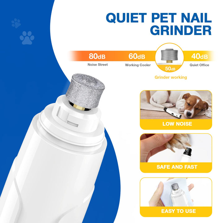 Nail Grinder for Dogs - Upgraded Dog Nail Trimmers Super Quiet, 2 Speeds, Rechargeable, 2 Grinding Wheels for Small Large Dogs & Cats
