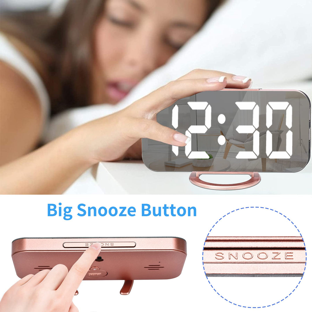 Slim Digital Alarm Clock, Daul USB Charger Ports, Dimming Mode, Large Display Mirror Surface for Makeup, LED Desk Clock for Bedroom, Living Room, Office, Home, Kids - Rose Gold/White