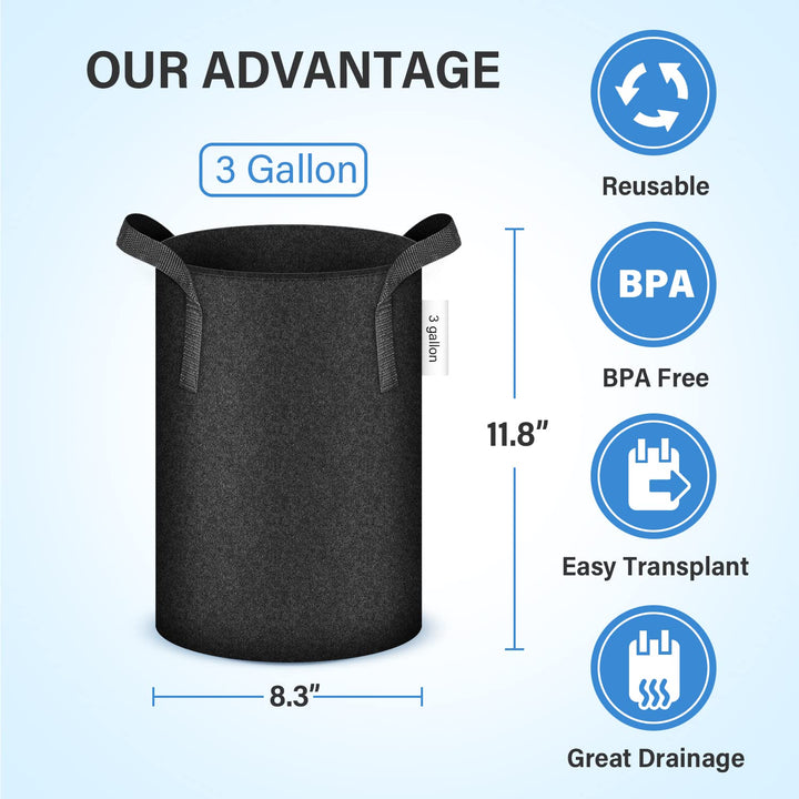 3 Gallon 10 Pack Grow Bags Nonwoven Fabric Pots Aeration Container with Strap Handles for Garden and Planting, 10-Pack Black, 3 Gallon